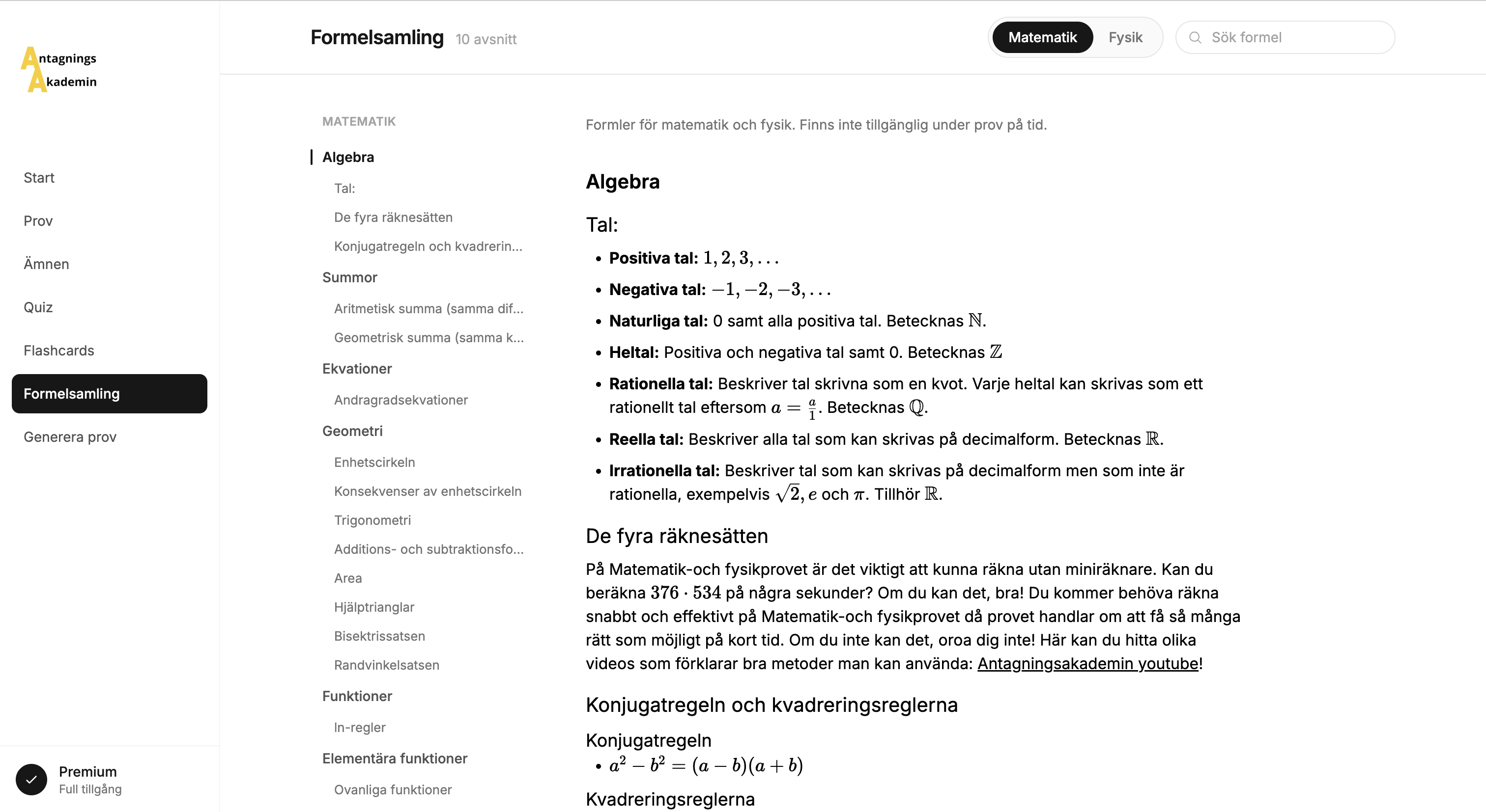 Formelsamling med matematikförklaringar i kursen